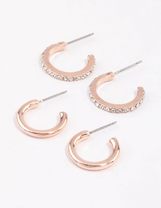 Gold-Plated Hoop Earrings-Rose Gold Plain & Diamante Huggie Earring Pack