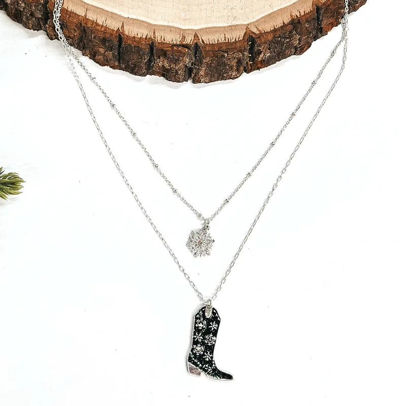 Double Pendant Necklace-Winter Fate Double Strand Silver Tone Necklace with Silver Tone Snowflake and Snowflake Patterned Boot Pendant in Black