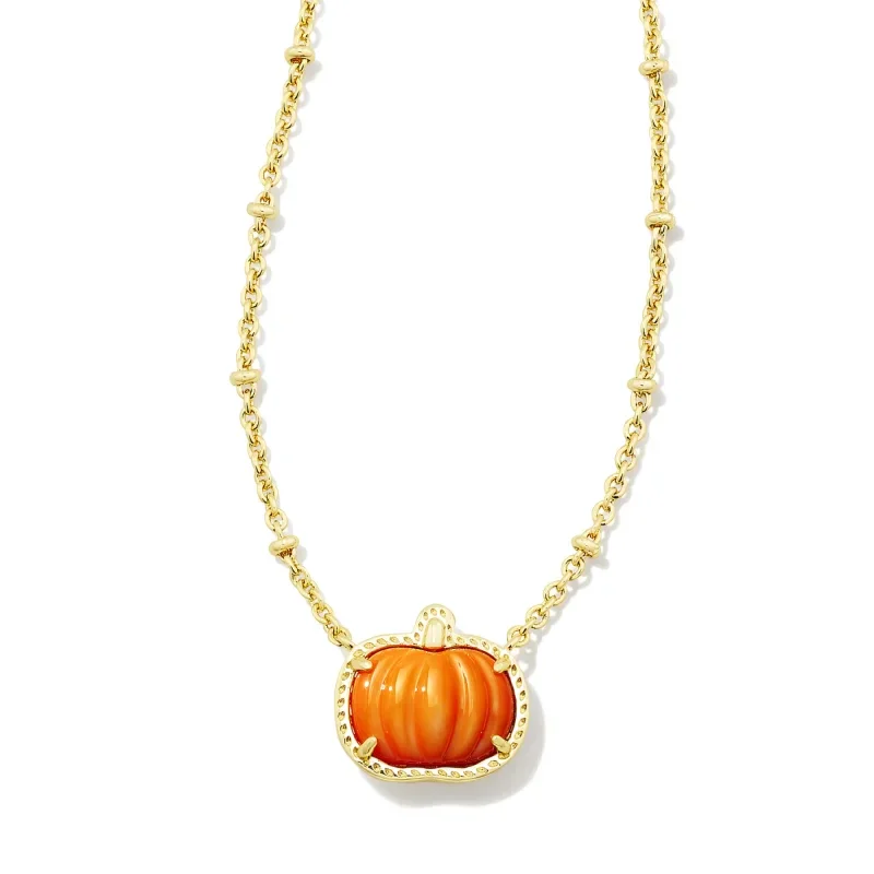 Bridal Necklace-Kendra Scott | Pumpkin Gold Short Pendant Necklace in Orange Mother-Of-Pearl