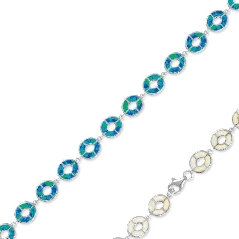 Luxury Gold Bracelet-Sterling Silver White Inlay Opal Open Round Link Bracelet, 7"