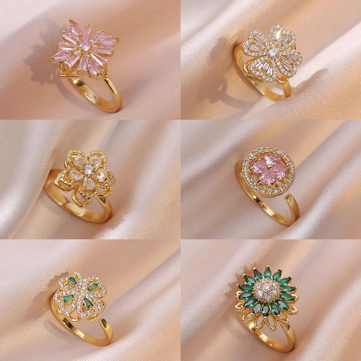 Wholesale Casual Elegant Flower Copper Zircon Open Rings