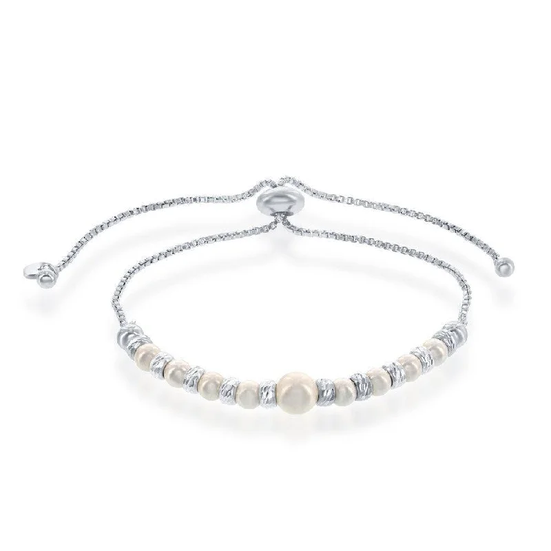 Leather Chain Bracelet-Sterling Silver Diamond Cut Beads and Pearls Adjustable Bracelet