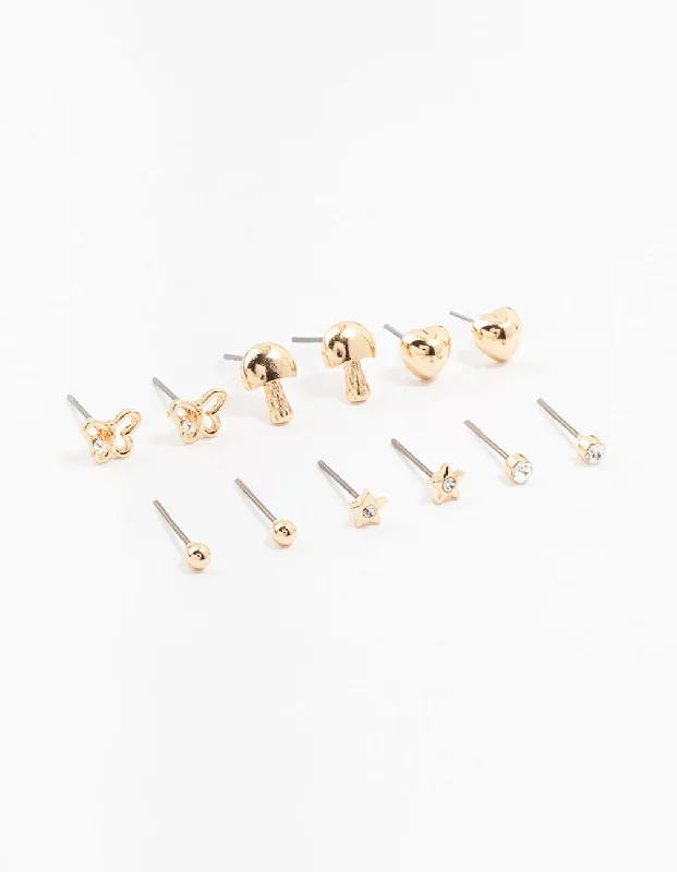 Adjustable Hoop Earrings-Kids Gold Butterfly Stud Earrings 6-Pack