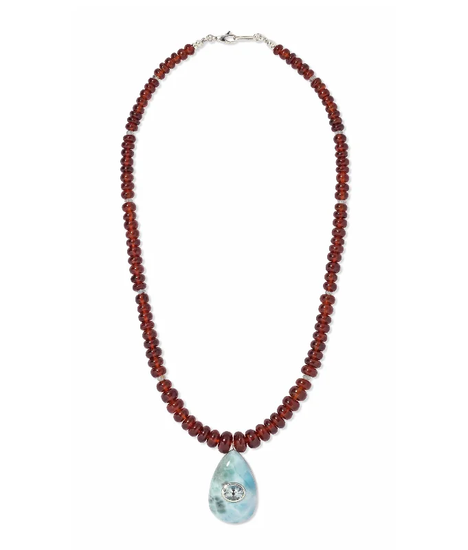 Silver Necklace with Pendant-Garnet, Larimar & Sterling Silver Pendant Necklace