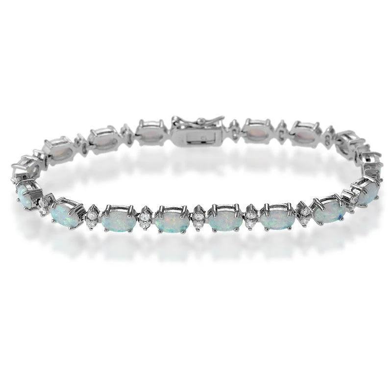 Statement Bracelet-Sterling Silver Oval White Opal & Marquise Shape CZ Bracelet