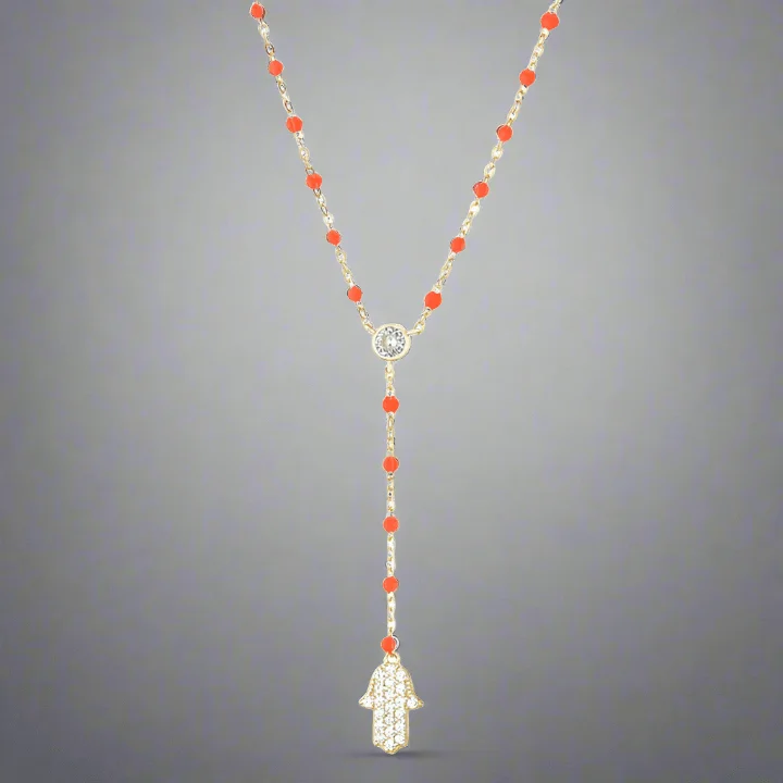 Fashionable Pearl Necklace-YGP Sterling CZ Orange Enamel Hamsa Y-Necklace