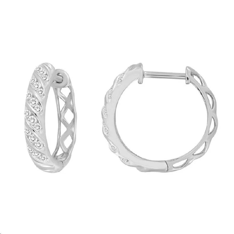 Chic Cuff Earrings-LADIES HOOPS EARRINGS 0.25CT ROUND DIAMOND 10K WHITE GOLD