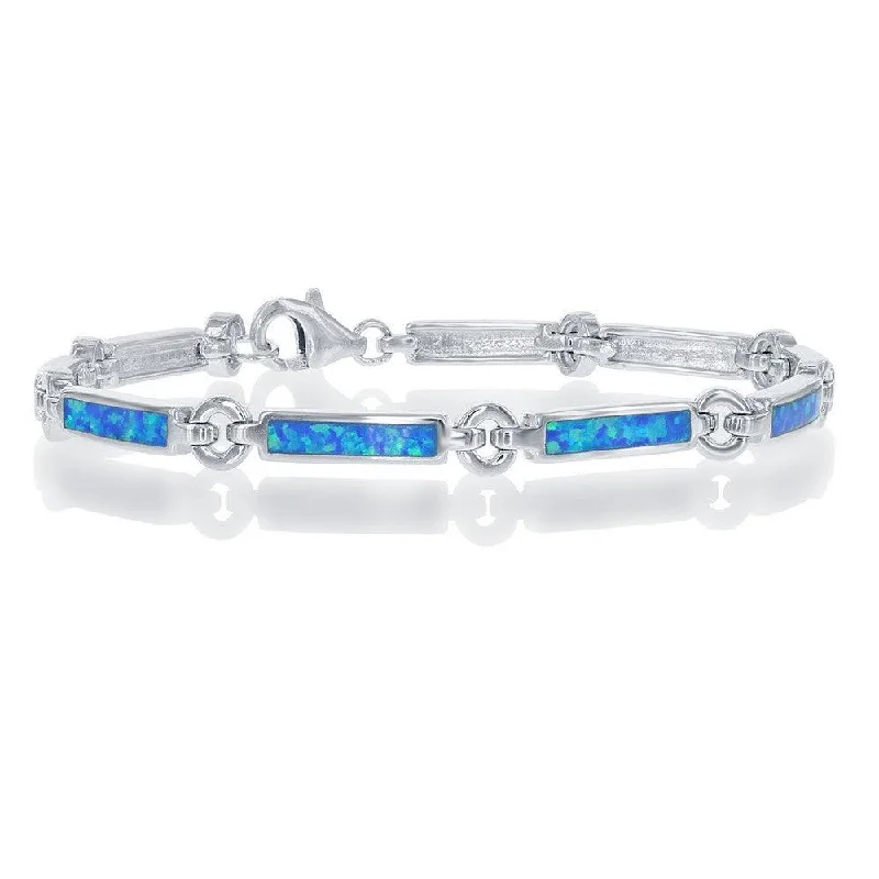 Handmade Silver Bracelet-Sterling Silver Blue Inlay Opal Bars and Silver Circles Bracelet