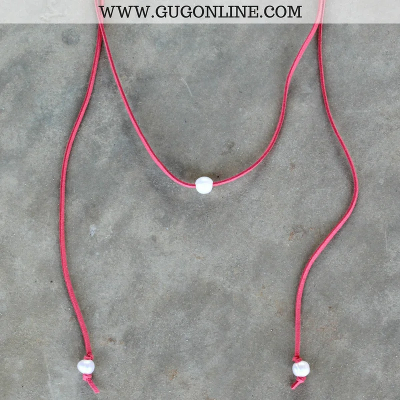 White Gold Necklace-That's a Wrap Long Leather Necklace with Pearls in Coral| ONLY 1 LEFT!