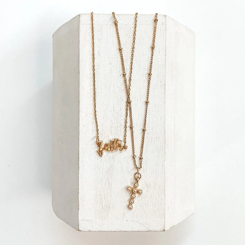 Double Pendant Crystal Necklace-Double Layered Necklace with Faith and Pearl Cross Pendant in Gold