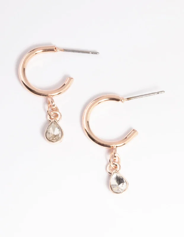 Sterling Silver Earrings-Rose Gold Stone Drop Huggie Earrings