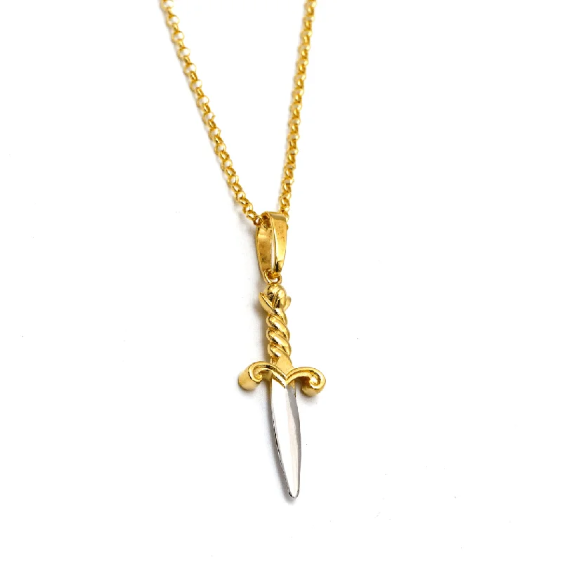 Fashion Beaded Necklace-Real Gold 2 Color Dagger Knife Charm Blade Pendant With Holo Rolo Chain Necklace 1392 CWP 1902