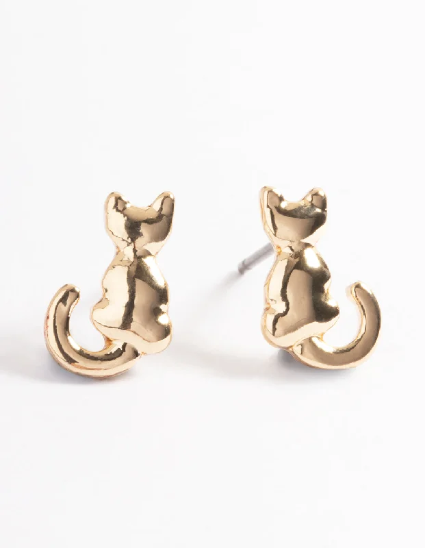 Handmade Gold Earrings-Gold Cat Stud Earrings