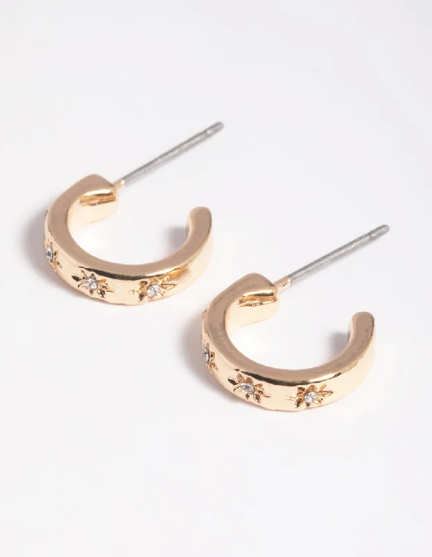 Elegant Hoops with Diamonds-Gold Diamante Star Huggie Hoop Earrings