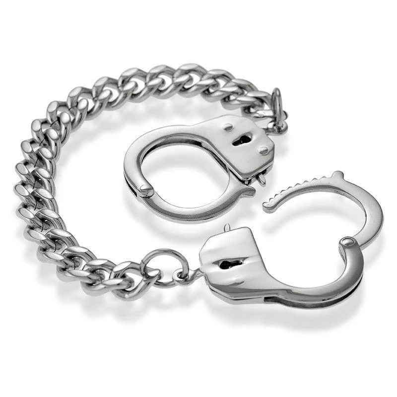 Double Bracelet Set-Stainless Steel Link Bracelet with Handcuff Lock, 8"