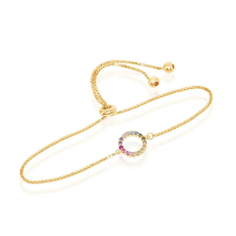 Simple Charm Bangle-Sterling Silver GP Rainbow CZ Open Circle Bolo Bracelet