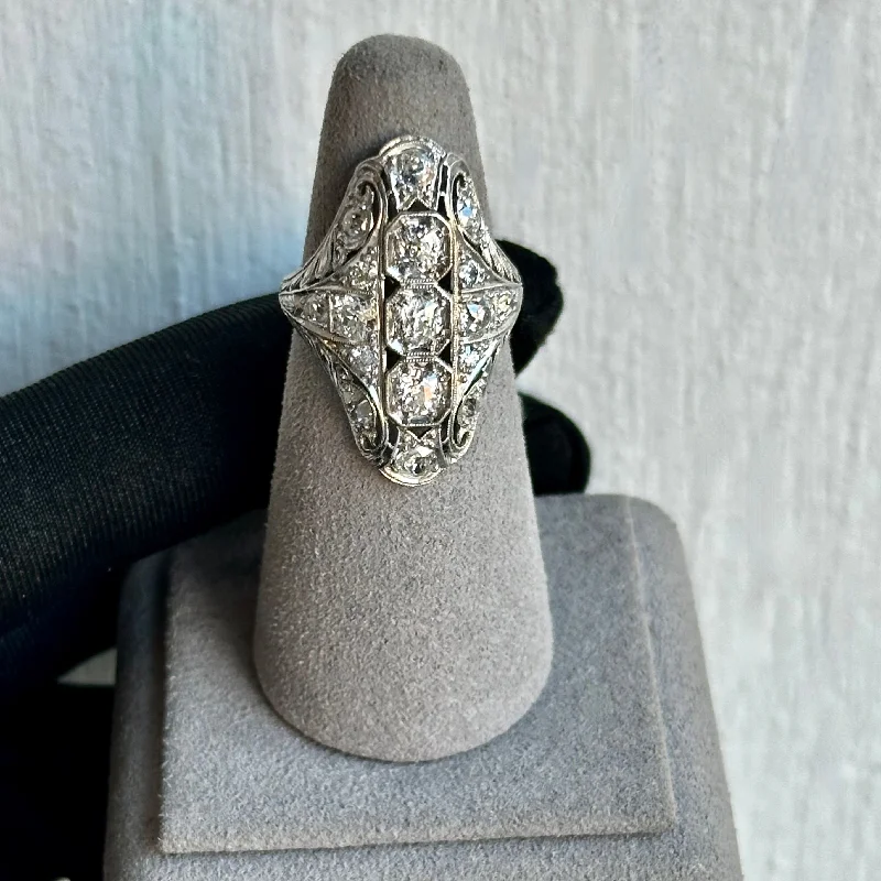 Stunning Platinum Diamond Art Deco Cocktail Filigree Ring – Old Mine Cut, Approximately 1.60ctw