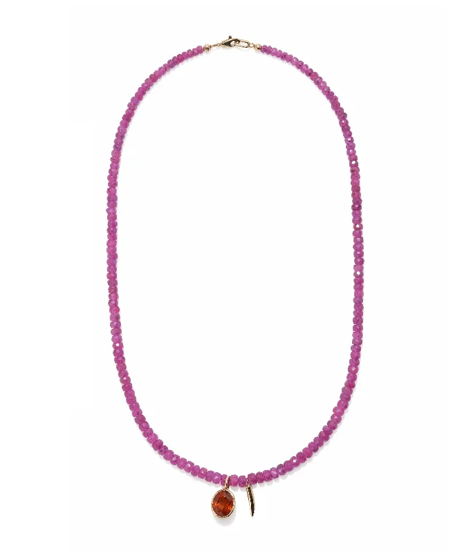 Gemstone Necklace-Pink Sapphire, Garnet & Solid Gold Horn 14k Gold Charm Necklace