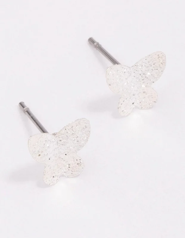 Hoop Earrings for Women-Silver Sandblast Butterfly Stud Earrings