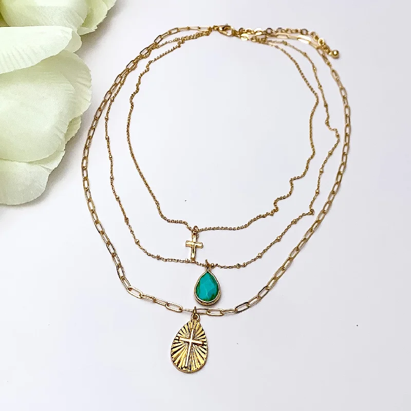 Minimalist Crystal Necklace-Three layered Gold Tone Necklace With Multiple Designed Charms