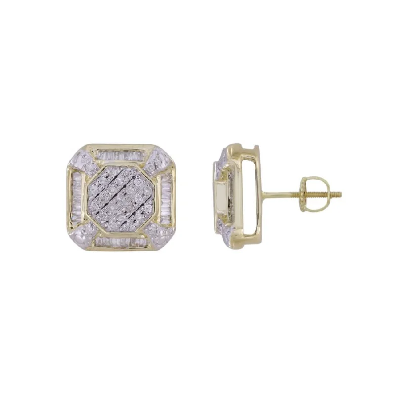 Chic Ear Huggers-LADIES STUD EARRINGS 0.33CT ROUND/BAGUETTE DIAMOND 10K YELLOW GOLD