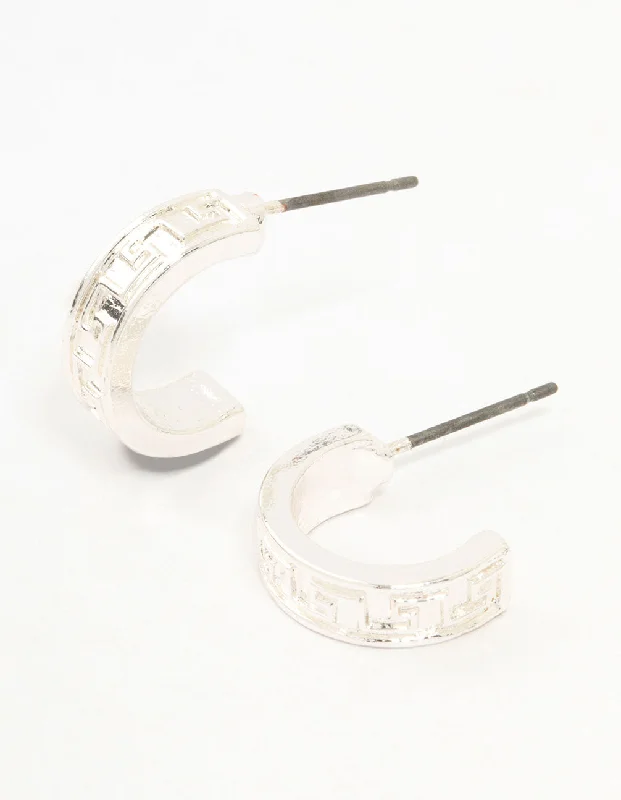 Stud Earrings for Teens-Silver Wide Greek Key Huggie Earrings