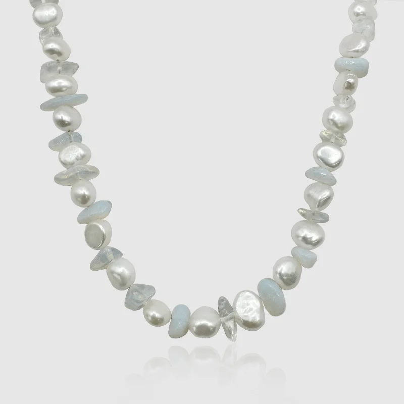 Unique Silver Chain Necklace-Blue Quartz Real Pearl Necklace (Silver)