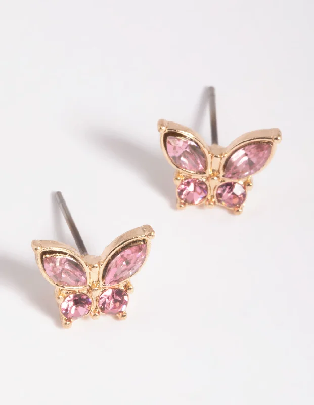 Elegant Gold Earrings-Pink Diamante Butterfly Stud Earrings