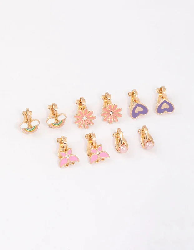 Gold-Plated Earrings-Kids Pink Flower Clip On Stud Earrings 6-Pack