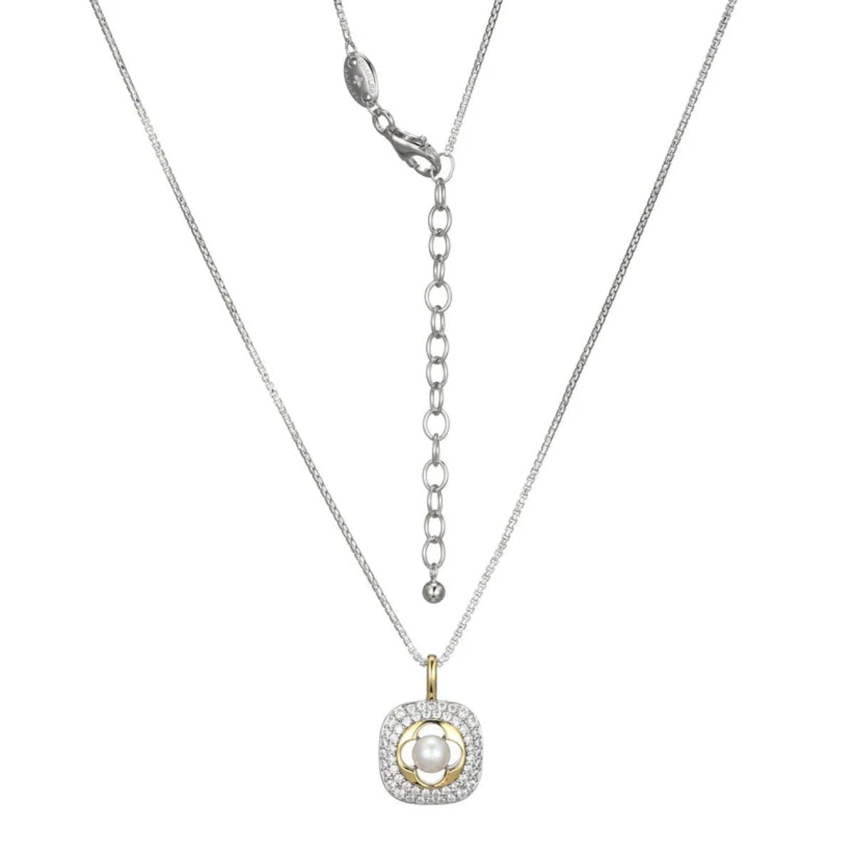 Modern Silver Necklace-SS Two-Tone 19" CZ and FWP Pearl Necklace