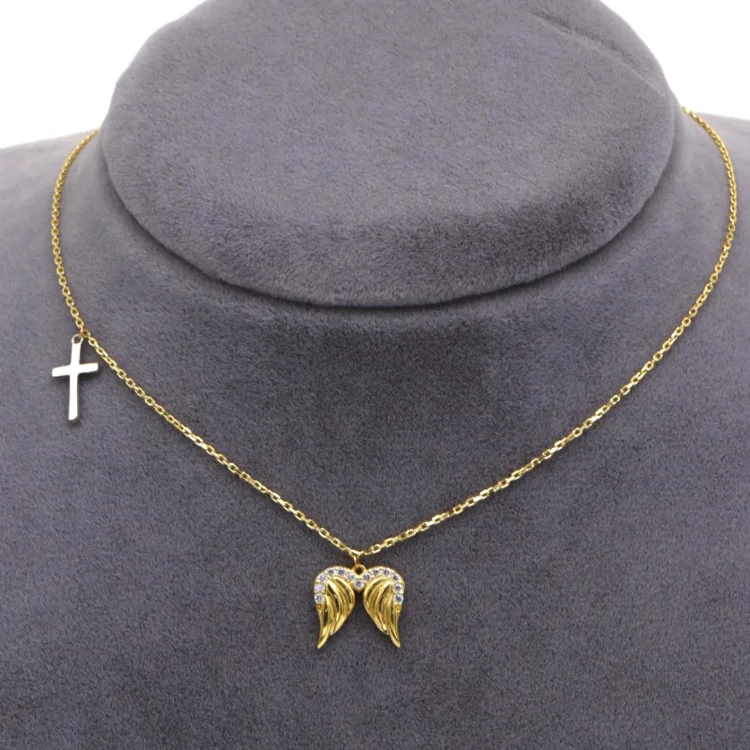 Gold Chain Necklace-Real Gold 2 Color Cross Wings Angel Necklace 0016 N1350