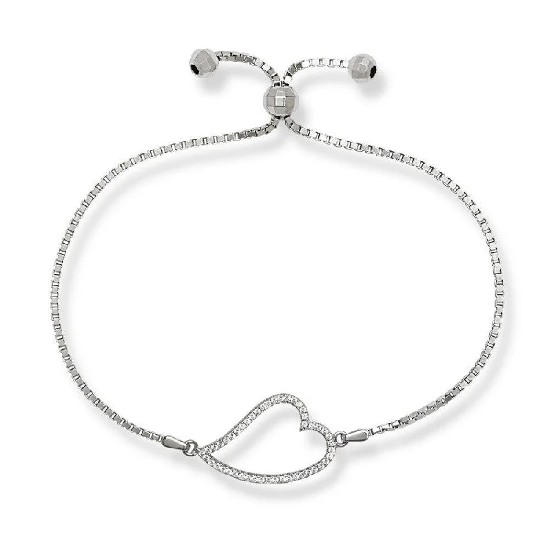 Women’s Adjustable Cuff Bracelet-Sterling Silver Center Open CZ Heart and Beads Box Chain Bracelet