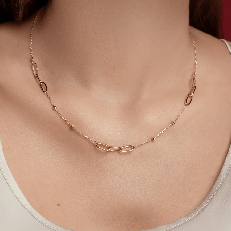 Modern Silver Bar Necklace-Real Gold Bigger Paper Clip With Beads Balls Choker Necklace 6872 N1341