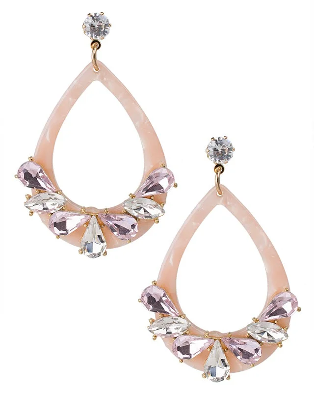 Elegant Gold Earrings-Pink Resin and Crystal Earrings