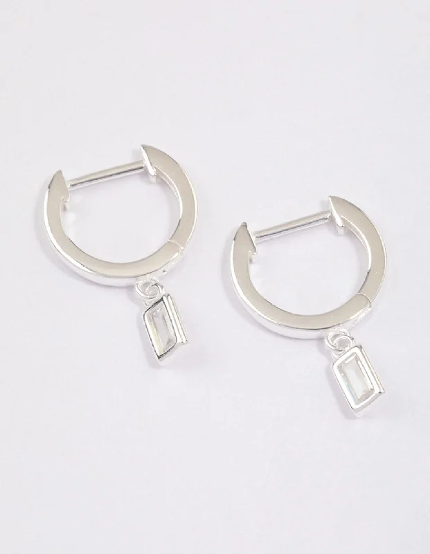 Triangular Earrings-Sterling Silver Cubic Zirconia Baguette Drop Huggie Earrings