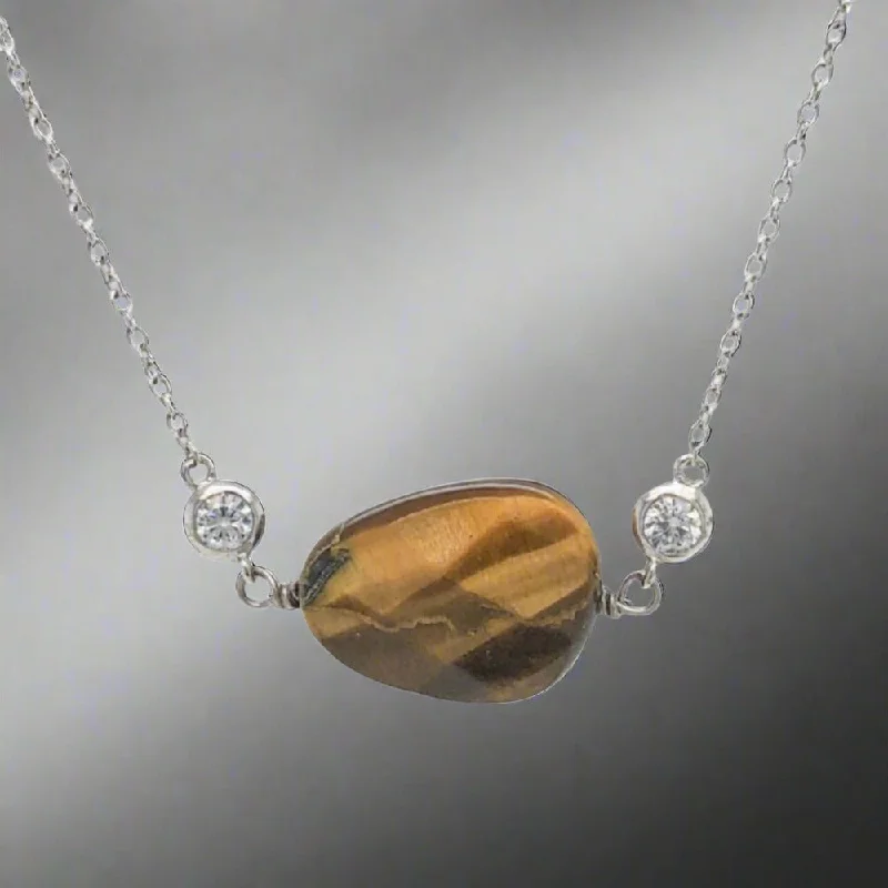 Elegant Silver Necklace-Sterling Silver Brown Tiger Eye with Small CZs Necklace