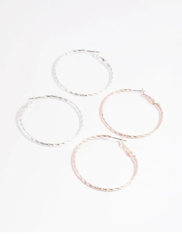 Elegant Diamond Earrings-Mixed Metal Textured Hoop Earring Set