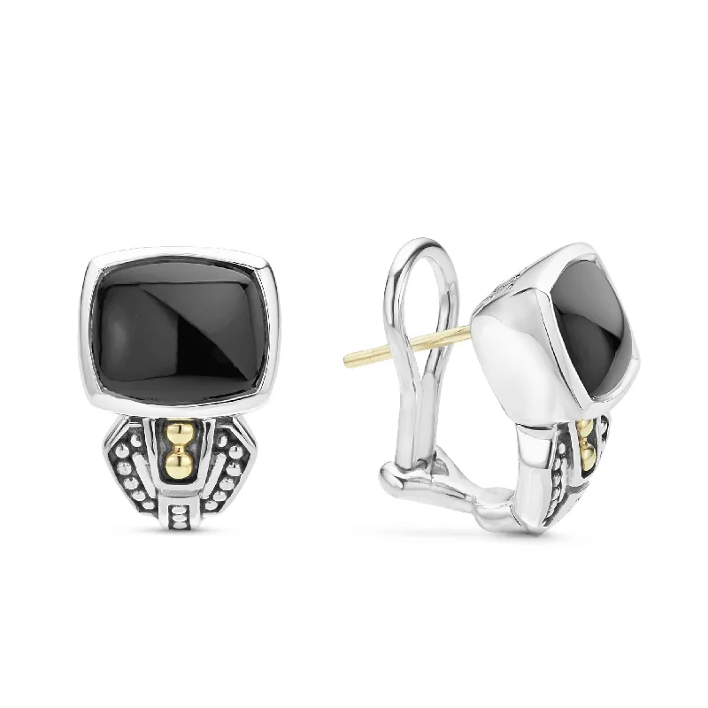 Silver Ear Cuffs-Caviar Color Bezel-Set Onyx Earrings