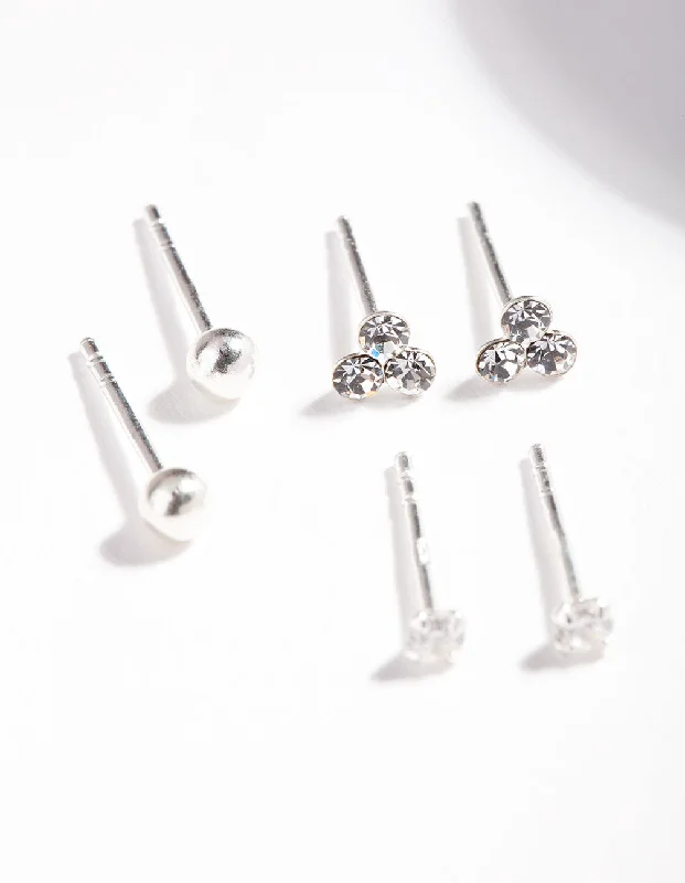 Fashion Drop Earrings-Sterling Silver Cubic Zirconia Crystal Stud Earring Pack