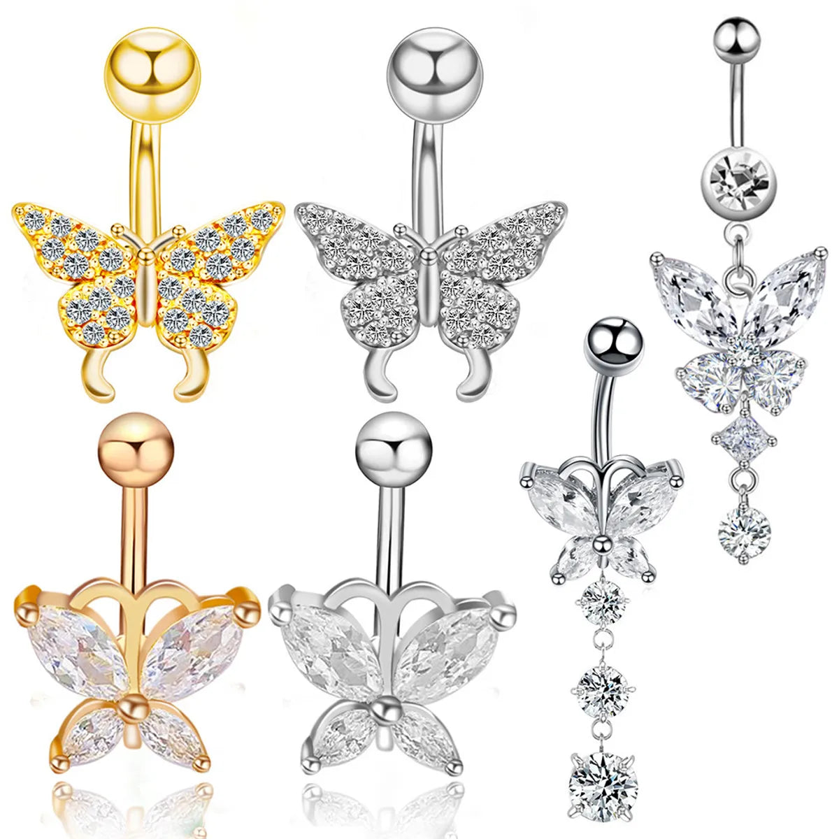 Fashion Butterfly Stainless Steel Inlay Zircon Belly Ring 1 Piece