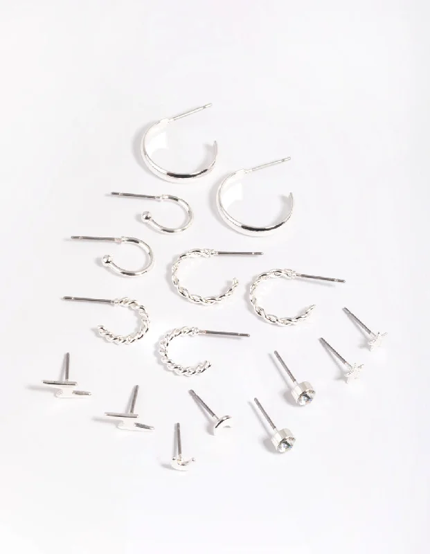 Modern Geometric Earrings-Silver Celestial Stud & Hoop Earring 8-Pack