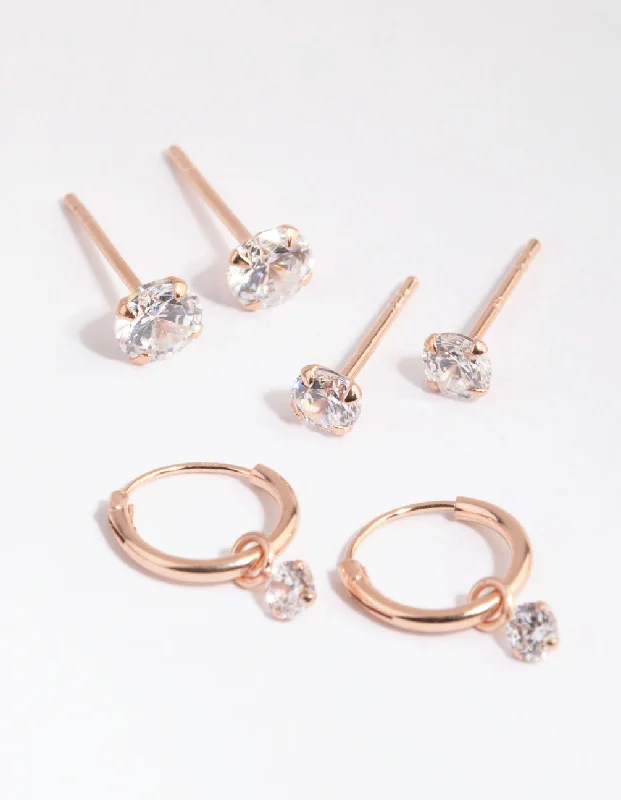 Butterfly Shape Earrings-Rose Gold Plated Sterling Silver Cubic Zirconia Earring Pack