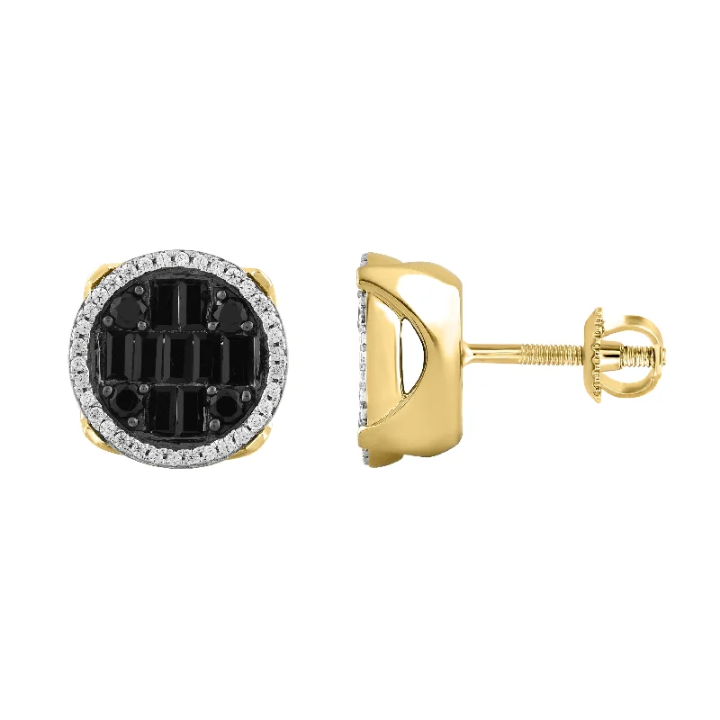 Geometric Stud Earrings-MEN'S EARRINGS 1.25CT ROUND/BLACK/BAGUETTE DIAMOND 10K YELLOW GOLD