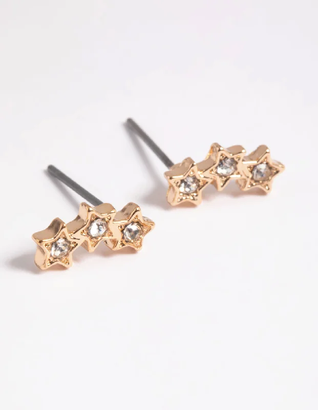 Geometric Hoop Earrings-Gold Diamante Star Crawler Stud Earrings