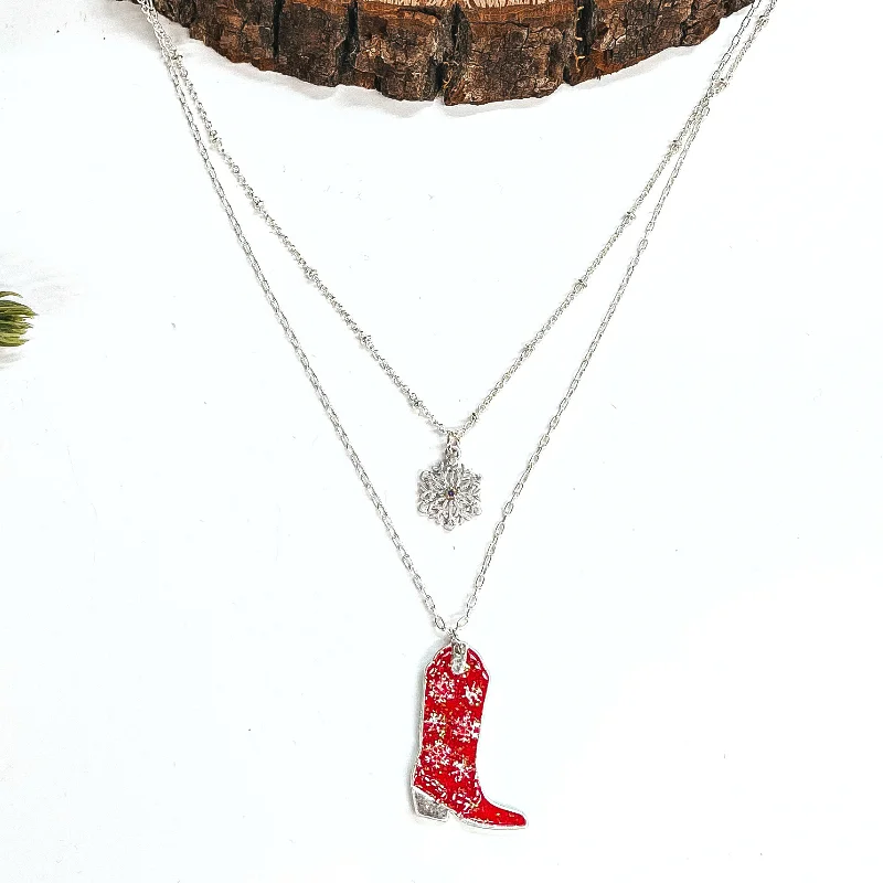 Silver Diamond Necklace-Winter Fate Double Strand Silver Tone Necklace with Silver Tone Snowflake and Snowflake Patterned Boot Pendant in Red