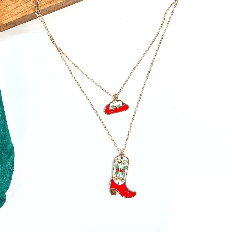 Modern Silver Necklace-Away For The Winter Double Strand Gold Tone Necklace with Hat and Boot Mistletoe Print Pendant in Red and White