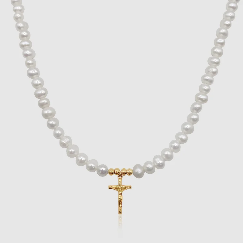 Heart-Shaped Necklace-Crucifix Real Pearl Necklace (Gold)