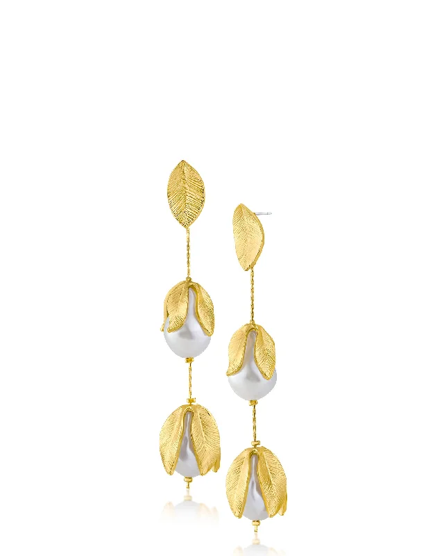 Modern Geometric Earrings-Leaf and Pearl Design Drop Earrings