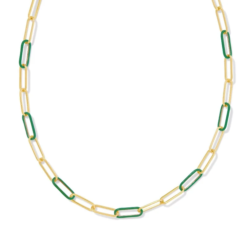 Pearl Necklace for Wedding-Kendra Scott | Ainsley Gold Convertible Chain Necklace in Green Enamel