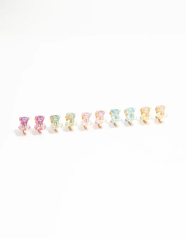 Hoop Earrings for Women-Gold Gummy Bear Clip On Earrings 5-Pack